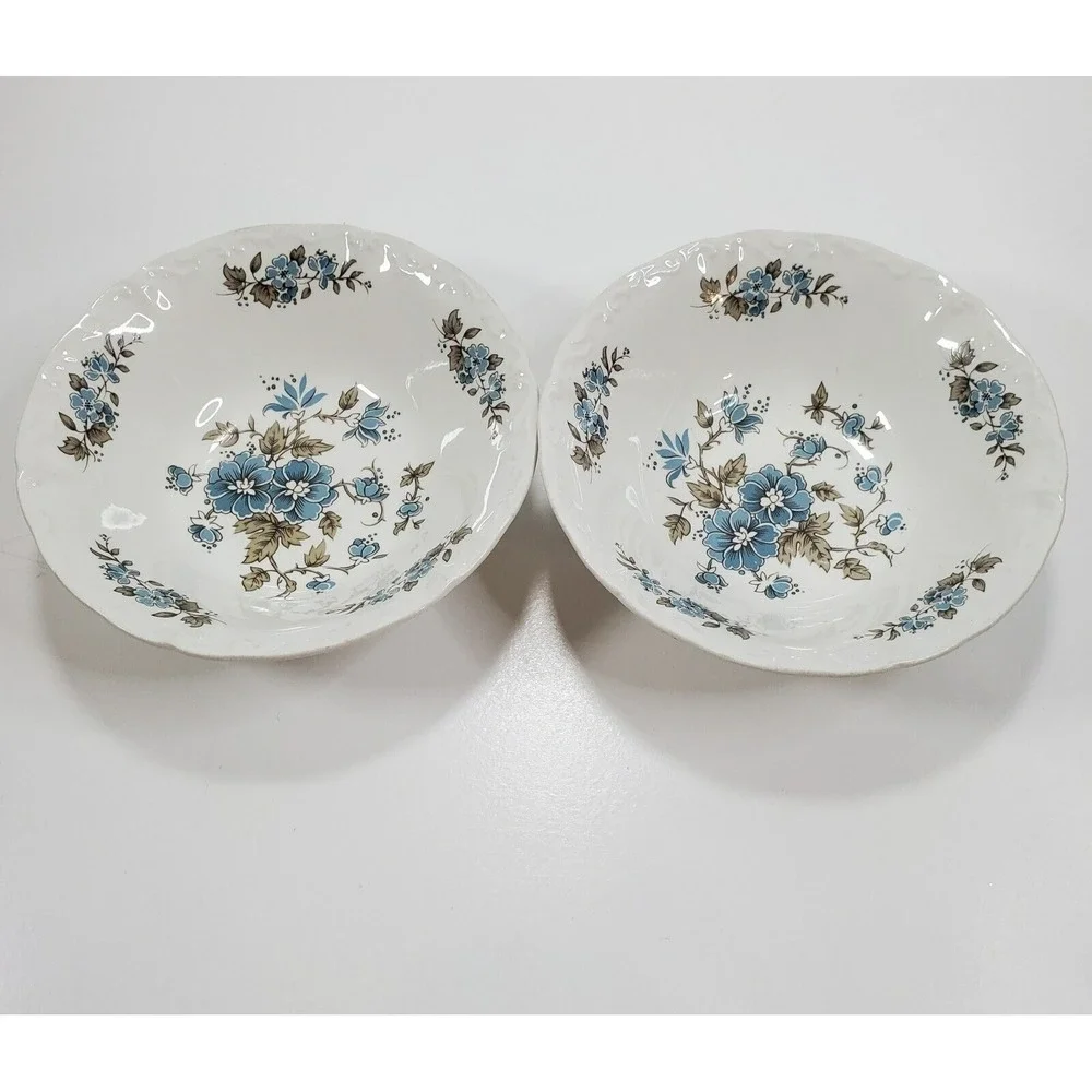 Vtg Staffordshire England Ironstone Blossomtime Blue Floral 2 Soup Cereal Bowls